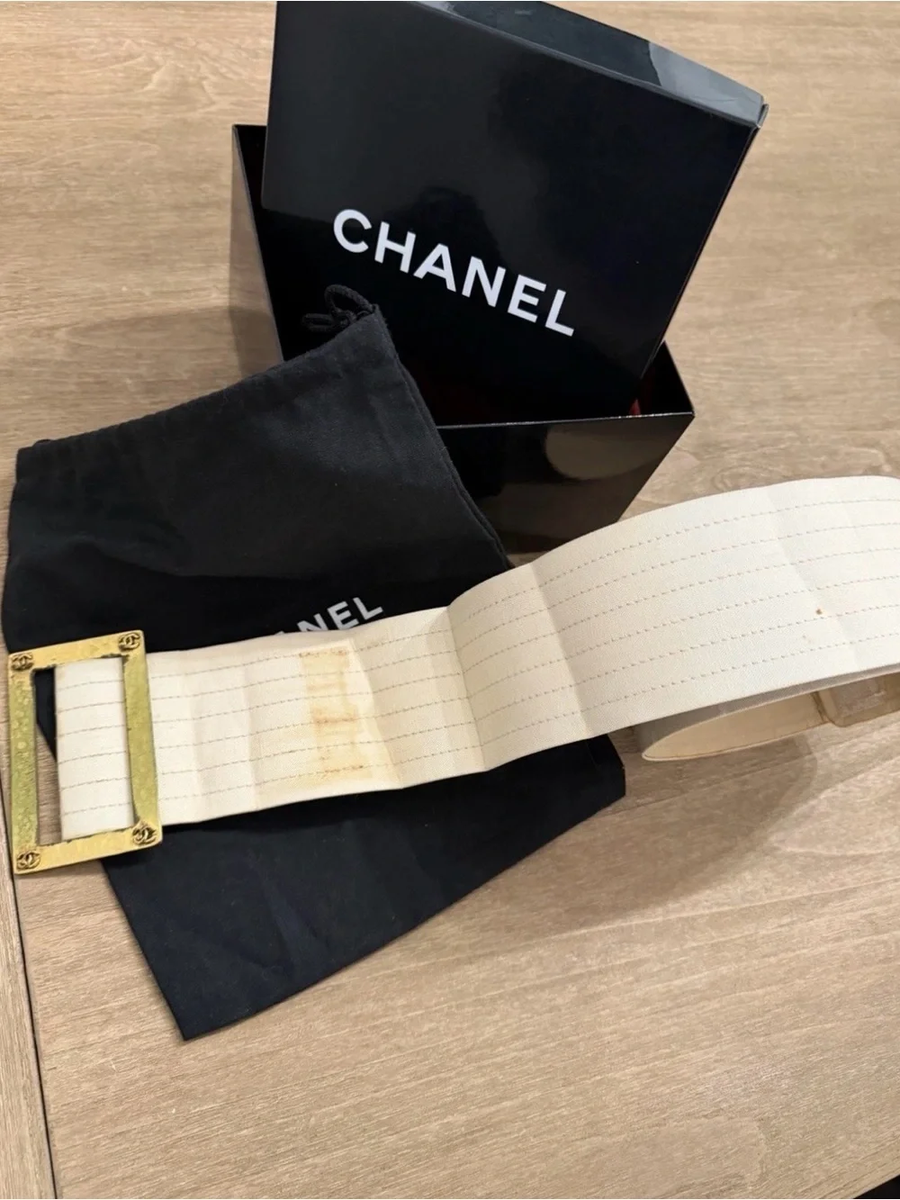 Vintage Chanel Gold Tone Wide Canvas Belt